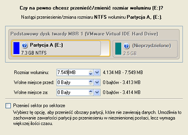 8. W otwartym oknie dialogowym przeciągnij granicę partycji rozszerzonej do prawej strony. 103 9. Blok wolnego miejsca został zwolniony. 10. Zwiększ rozmiar partycji systemowej.