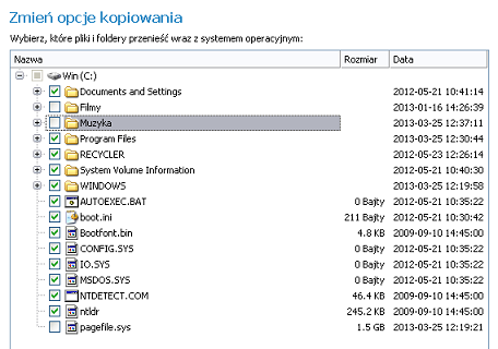 125 8. Odznacz pola wyboru obok niepotrzebnych plików lub folderów, aby spróbować zmieścić system i dane na dysku docelowym.