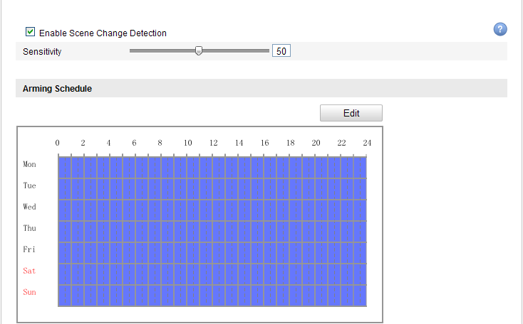 1. Przejdź do interfejsu ustawień wykrywania zmiany sceny: Configuration> Advanced Configuration> Smart Event> Scene Change Detection (Konfiguracja > Konfiguracja zaawansowana > Zdarzenie