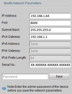 2. Zmodyfikuj parametry sieciowe, które można zmienić, np. adres IP i numer portu. 3. Wprowadź hasło konta administratora urządzenia w polu Password (Hasło) i kliknij, aby zapisać zmiany.