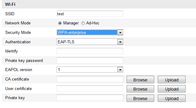 Figure 3-9 EAP-TLS Identity (Tożsamość) Wpisz ID użytkownika wysyłany do sieci. Private key password (Hasło klucza prywatnego) Wpisz hasło dla ID użytkownika.