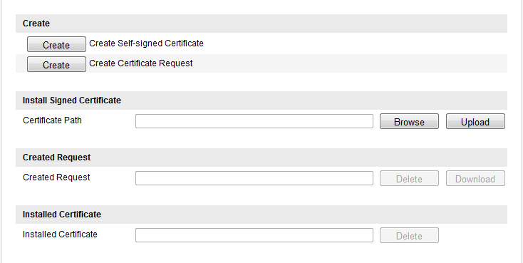 Figure 5-26 Ustawienia HTTPS Utwórz podpisany samodzielnie certyfikat 1) Kliknij przycisk Create (Utwórz), aby otworzyć interfejs tworzenia.