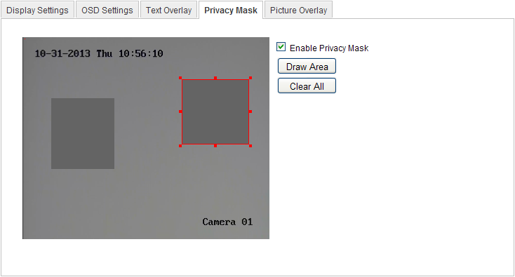 3. Kliknij Draw Area (Narysuj obszar). Figure 5-42 Ustawienia maski prywatności 4. Kliknij i przeciągnij myszą w oknie wideo na żywo, aby narysować obszar maski.