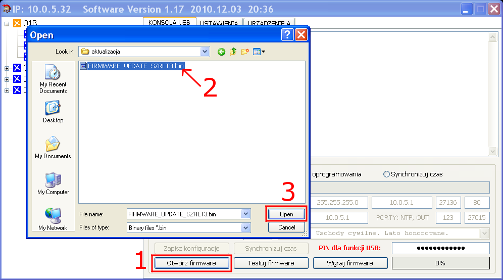 7. Następnie wciśnij przycisk Otwórz firmware i w okienku dialogowym Otwórz plik wyszukaj plik aktualizacji firmware. 8. Pliki aktualizacji firmware mają rozszerzenie ".bin".