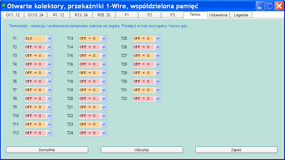 Aby uzależnić temperatury od pory dnia, zegara lub zegara astronomicznego, lub innego dowolnego warunku należy ustawić wartość temperatury obniżonej w ostatniej kolumnie ustawień 1-Wire.