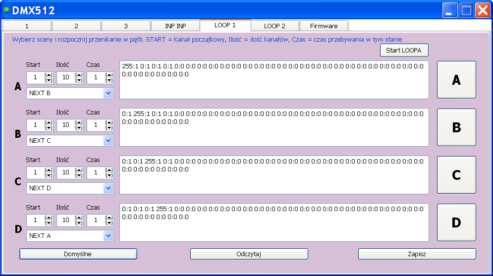PLC2011C1 posiada dwie pętle programowe, które służą do kolejnego wyświetlania sekwencji barw w określonych kanałach DMX.