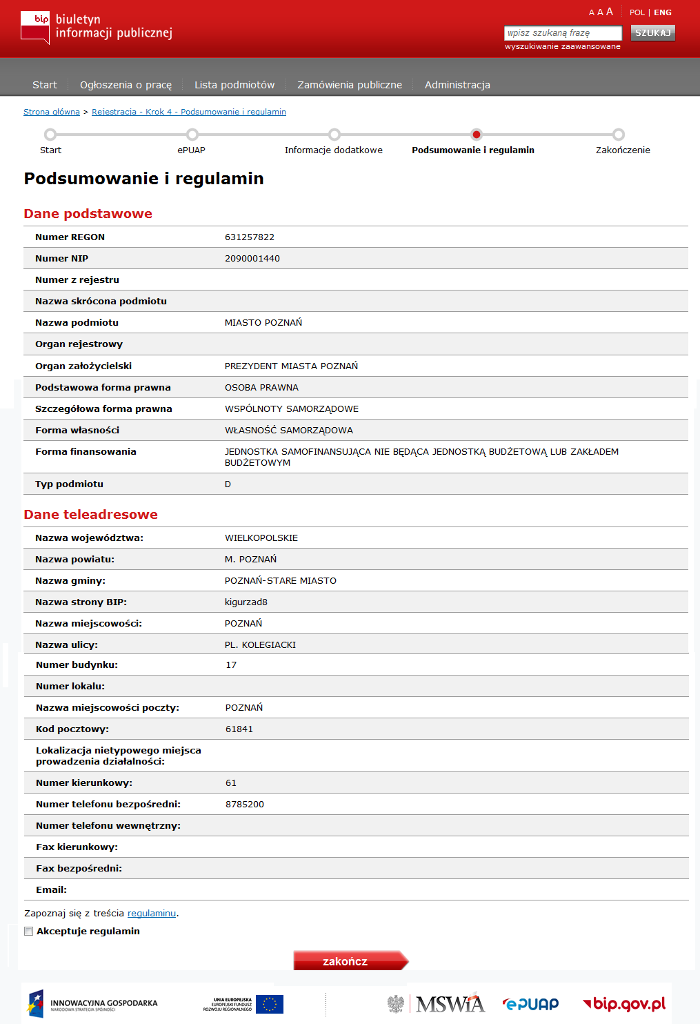 Krok 4 Użytkownik zostaje przekierowany na krok 4 Podsumowanie i regulamin.