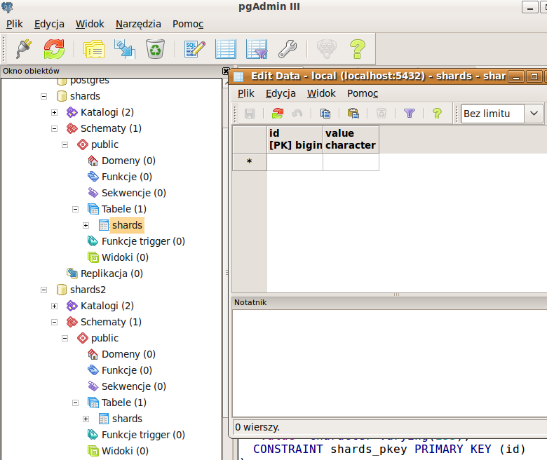 Aktywne są dwie bazy danych PostgreSQL. Na każdej znajduje się tabela shards o tej samej strukturze, przedstawionej na Listing 40.