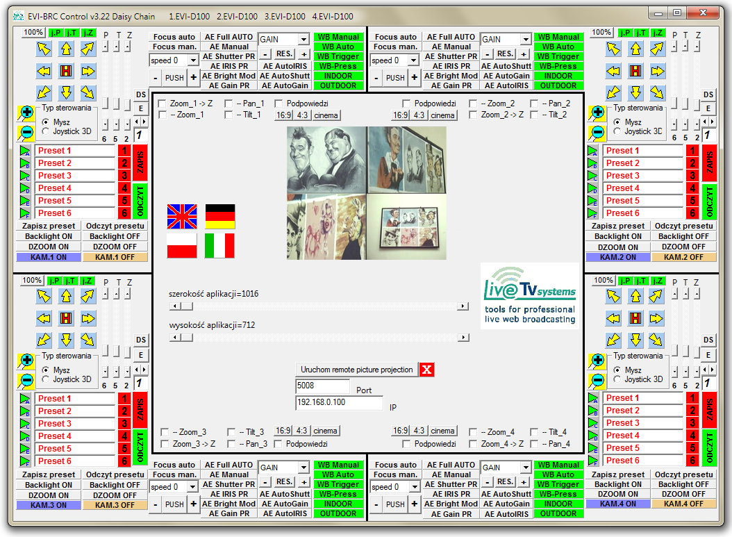 3.3. Start systemu Jeśli program został zainstalowany prawidłowo i parametry portów COM są właściwie ustawione (domyślnie tak jest), użytkownik zobaczy interfejs aplikacji z panelami kamer wraz z