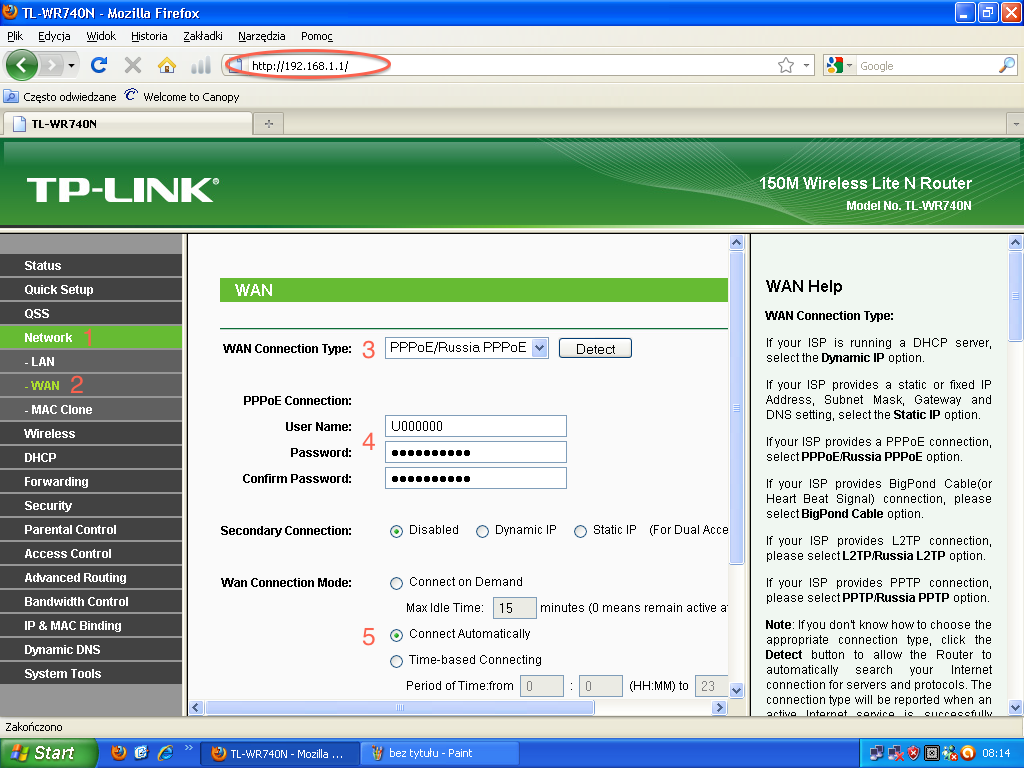 Konfiguracja protokołu PPPoE na routerach TP-Link 1. Otwieramy przeglądarkę i w pasku adresu wpisujemy 192.168.1.1 (lub 192.168.0.