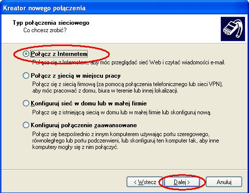 5. Wybierz opcję Połącz z Internetem, a następnie kliknij przycisk Dalej. 6.