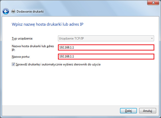 wybierz Standard TCP/IP Port. Kliknij Dalej 5. W kolejnym oknie wpisz 19