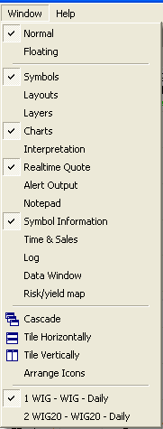 4.2.1.9. Window Aby pokazad/ukryd komponenty programu korzystamy z podmenu Window w menu głównym AmiBroker.