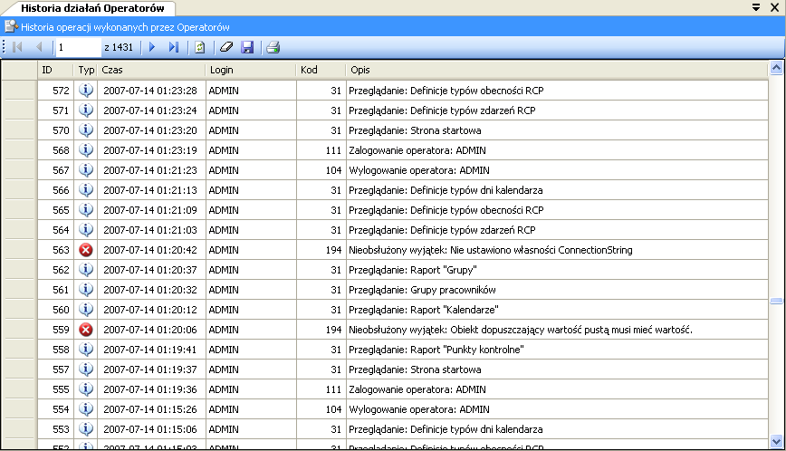 Rysunek 71. Okno Historia działań operatorów 5.2.3.6.