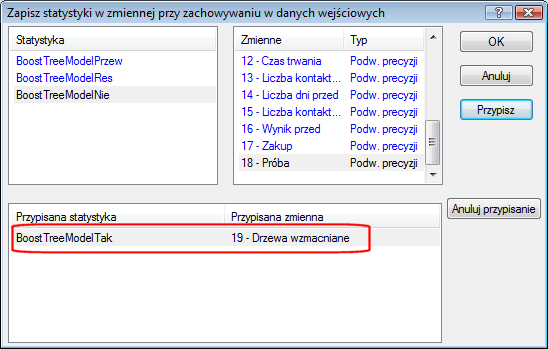 W wyświetlonym oknie wczytujemy zapisany model PMML, wskazujemy opcję Wyniki zawierają prawdopodob.