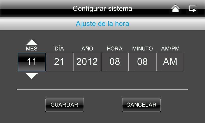 Español Tiempo // Configurar fecha y hora Aquí se puede ajustar la fecha y la hora. Seguidamente guarde las entradas.