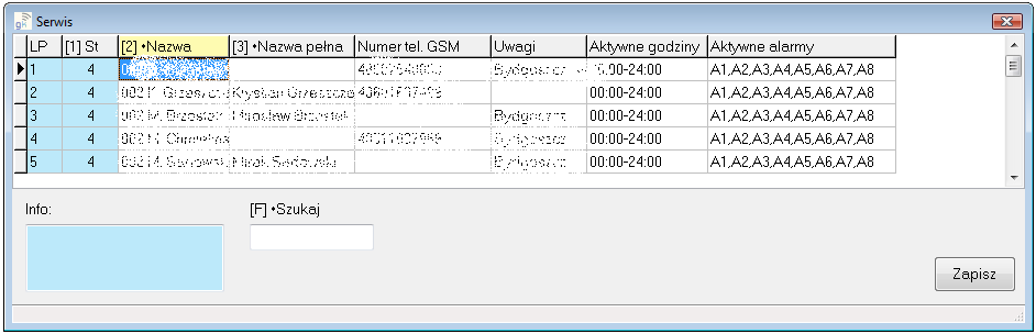 - Numer tel GSM: numer telefonu komórkowego inspektora, który zostanie użyty w celu przekazania informacji o usterce czy alarmie za pomocą wiadomości SMS - Uwagi: pole tekstowe na 50 znaków - Aktywne