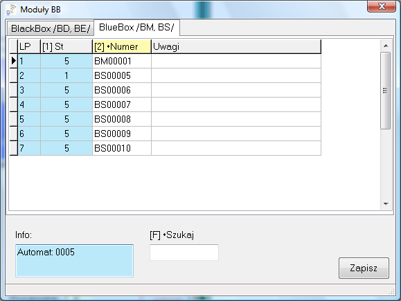 Sieć radiowa Blackbird Wstawianie modułów BS do systemu Moduły BS dodajemy analogicznie jak moduły BM. W zakładce BlueBox (Ustawienia/Moduł BB) dopisujemy moduły BS do listy.
