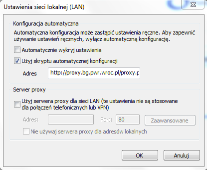 3.3 Zaznaczamy pole Użyj skryptu automatycznej konfiguracji a w polu Adres wpisujemy: http://proxy.bg.pwr.