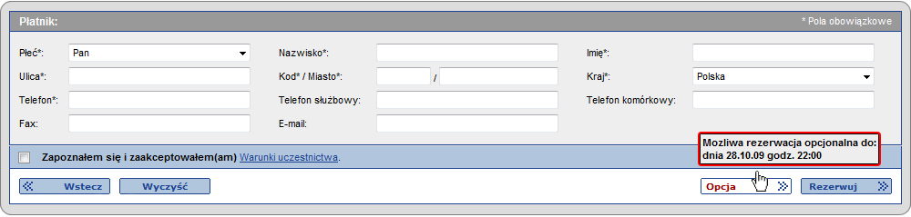 Komunikat o tym, jak długo istnieć będzie rezerwacja opcjonalna znaleźć można, najeżdżając kursorem myszki na ikonkę Opcja.