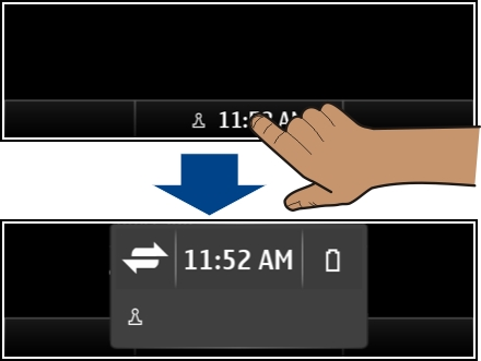 Wskazówka: W większości pozostałych widoków można u dołu ekranu wybrać czas i uzyskać dostęp do tych samych skrótów, co w przypadku wybrania obszaru powiadomień na Ekranie głównym.