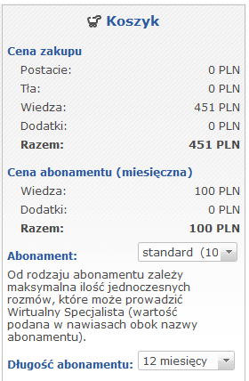 Wybór specjalizacji oraz koszyk Pierwszym krokiem w tworzeniu Wirtualnego Specjalisty jest wybranie specjalizacji bota, zgodnie z funkcją, jaką ma pełnić na stronie, którą będzie reprezentował.