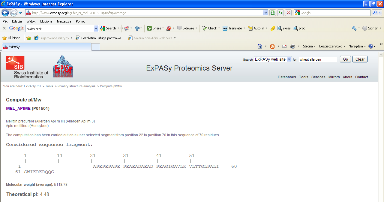 Otrzymujemy wyniki pi oraz MW tego peptydu Dodatkowo należy zanalizować zawartość aminokwasów: niepolarnych