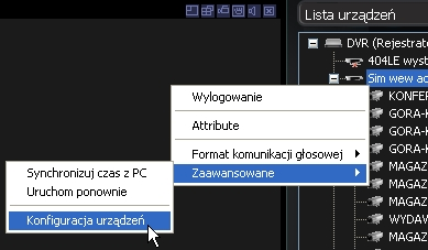 Zdalna konfiguracja urządzenia W głównym oknie klikając prawym klawiszem myszki na wybranym urządzeniu mamy możliwość wejścia w konfigurację parametrów tego urządzenia.