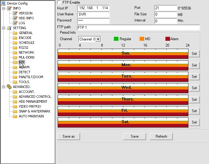 PS S FTP w tej zakładce możemy zdefiniować parametry serwera plików na który rejestrator będzie zrzucał zapisany materiał.