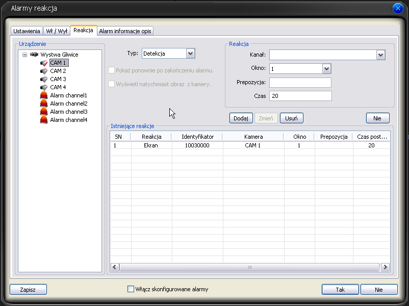 Dla każdego typu można przydzielić inny dźwięk który będzie słyszany w głośniku w momencie wystąpienia. Można też zadeklarować czy dany alarm ma być zapisywany w dzienniku alarmów.