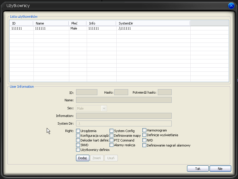 Użytkownicy W tek zakładce wprowadzamy użytkowników mogących posługiwać się tym programem oraz nadajemy im odpowiednie uprawnienia.