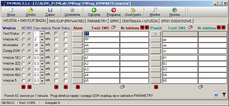 7. Aplikacja programująca TM Prog2 7.1. Okno główne Nowy Ustawie wartości domyślne dla wszystkich pól w programie. Otwórz Otwiera pliki *.TML z zapisaną konfiguracją modułu.