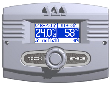 tech I. Zastosowanie Regulator pokojowy typu ST-205 przeznaczony jest do sterowania i kontroli temperatury centralnego ogrzewania, ciepłej wody użytkowej i temperatury pokojowej.