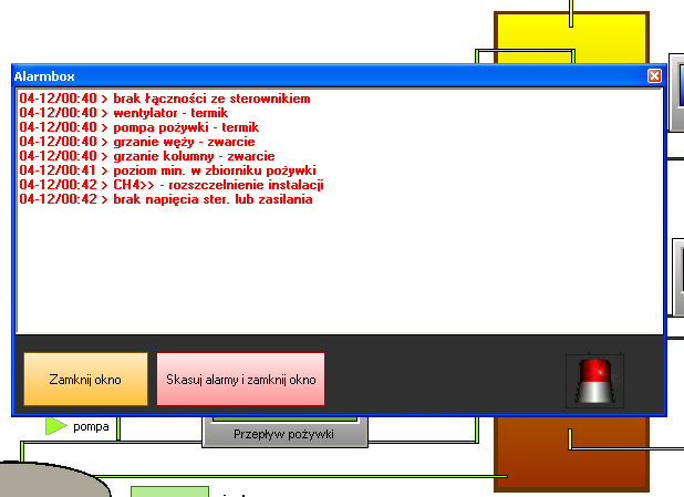 Okno Alarmbox Pojawienie się awarii powoduje wyskoczenie okienka Alarmbox z zapisanymi od czasu ostatniego skasowania alarmami.