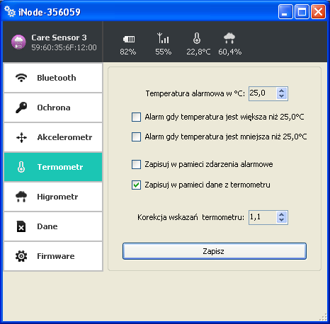Po wybraniu zakładki Termometr pojawi się następujące okienko: Można zaznaczyć następujące opcje wykorzystujące dokładny termometr znajdujący się w urządzeniu: Temperatura alarmowa w ºC to wartość