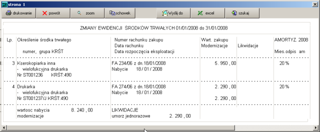 Ewidencja wg grup Wydruk ewidencji środków trwałych na podany dzień dostępny w opcji środki trwałe w menu zestawienia - ewidencja wg grup.