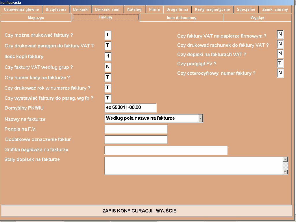 7.12 FAKTURY Czy moŝna drukować faktury - gdy wpiszemy tu N uniemoŝliwimy wydruk faktur VAT jako dokumentów kończących transakcje.