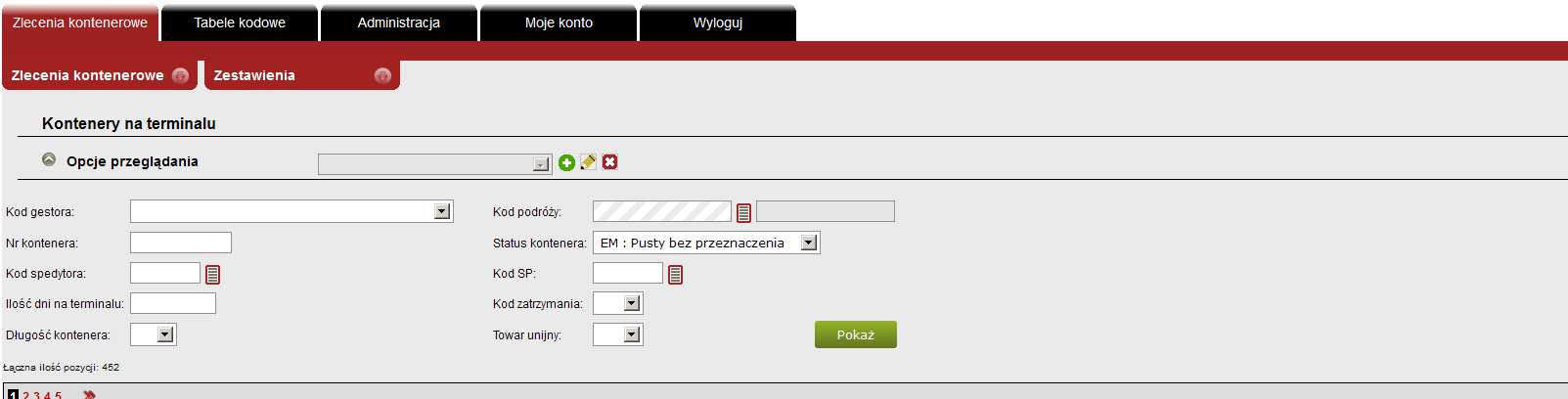 3.3. Kontenery na terminalu Opcja Kontenery na terminalu z menu Zestawienia pozwala na wyszukanie wg określonych kryteriów wszystkich kontenerów będących na terminalu będących w gestii spedytora oraz