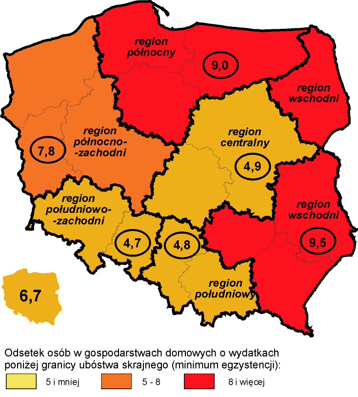 Mapa 2. Wskaźnik zagrożenia ubóstwem skrajnym w 2011 r.