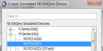 d. Z listy urządzeń należy rozwinąć M Series DAQ, a następnie wybrać NI PCI-6221. Pojawi się okno konfiguracji urządzenia.