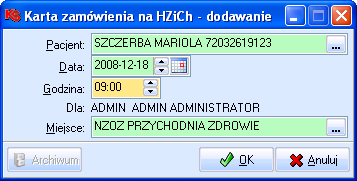 Moduł 22 Stomatolog Oświadczenie (załącznik nr 3) wydruk oświadczenia o niekorzystaniu z uzupełnienia protetycznego w ramach ubezpieczenia zdrowotnego, Zamówione teczki powoduje wyświetlenie okna