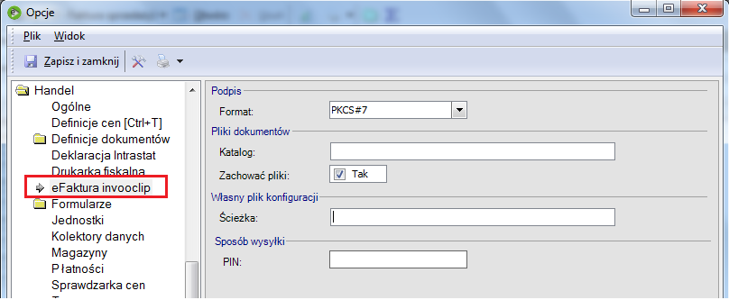 3.4 Parametry konfiguracji Parametry konfiguracji dodatku ustawiamy na zakładce okna konfiguracji Handel- >efaktura invooclip. Do działania dodatku wystarczają domyślne parametry.