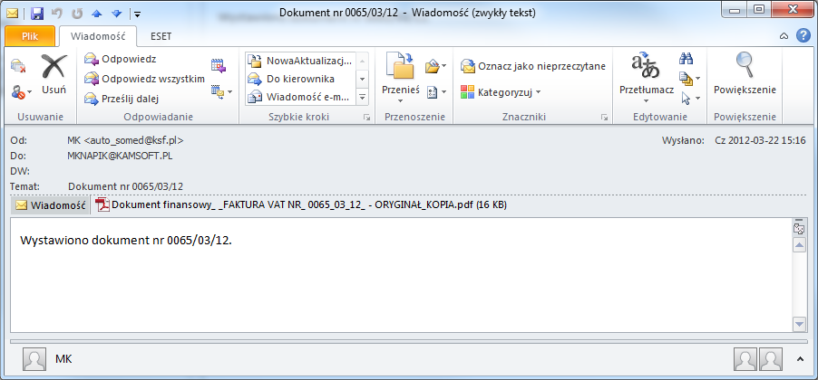 Jeśli spełnione są wszystkie warunki pozwalające na wystawienie e-faktury zostanie ona wydrukowana i wysłana kontrahentowi.