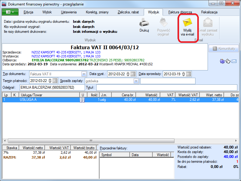 Wysłanie wystawionej wcześniej faktury Istnieje również możliwość wygenerowania i wysłania faktury elektronicznej dla wcześniej wystawionej i być może również wydrukowanej, faktury.