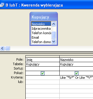 5.3 Zadanie problemowe Na podstawie tabeli Kupujący w bazie Nieruchomości utwórz kwerendę, która wybierze z danej tabeli imiona i nazwiska osób, w których nazwiskach znajdują się litery b lub t i