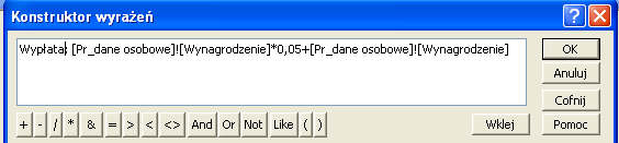 5.8 Zadanie problemowe Utwórz kwerendę, w bazie danych Nieruchomości, która będzie bazowała na tabeli Pr_dane osobowe i dodaj pole Wypłata, w którym będzie nowe wynagrodzenie dla każdego pracownika,