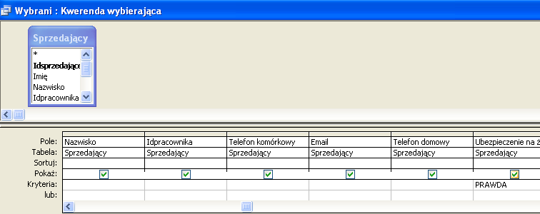 Dalej tworzymy nową kwerendę, tym razem wybierającą i nadajemy jej etykietę Wybrani, po czym wpisujemy w pozycji kryteria Prawda, bądź Tak dla pola Ubezpieczenie na życie. 5.