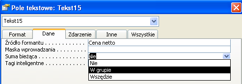 7.1 Zadanie problemowe Otwórz raport Cena narastająco w bazie danych Hurtownia i w kolumnie o tej samej nazwie zmodyfikuj pole Cena Netto tak, aby wartośd sumy bieżącej dla modyfikowanego pola była