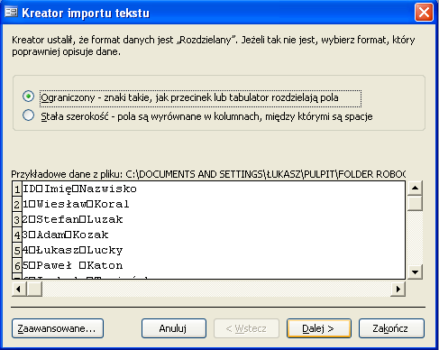 8.1 Zadanie problemowe Z pliku tekstowego znajdującego się na dysku zaimportuj do bazy danych Hurtownia w formacie rozdzielanymi znakami tabulacji dane do nowej tabeli o nazwie Potencjalny kupujący,