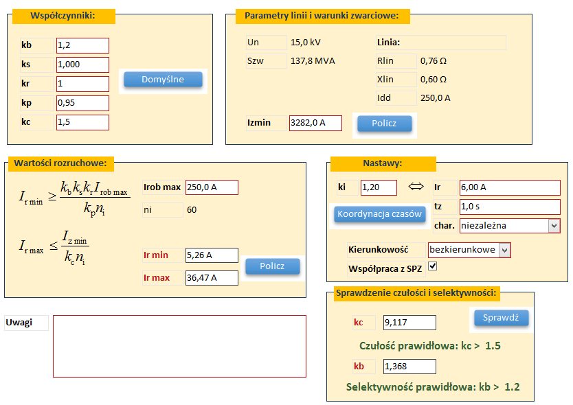 Rys. 6. Parametry pola liniowego oraz zdefiniowane typy zabezpieczeń Na rys. 7 przedstawiono formularz dotyczący doboru zabezpieczenia nadprądowego. Rys. 7. Proces doboru zabezpieczenia nadprądowego zwłocznego linii SN Proces doboru zabezpieczenia obejmuje min.